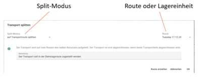 Transport splitten Dialog Transport splitten Dialog